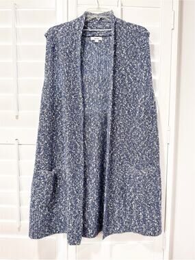 Kensie Blue Marled Open Front Knit Cardigan Sweater Pockets Large Sleeveless